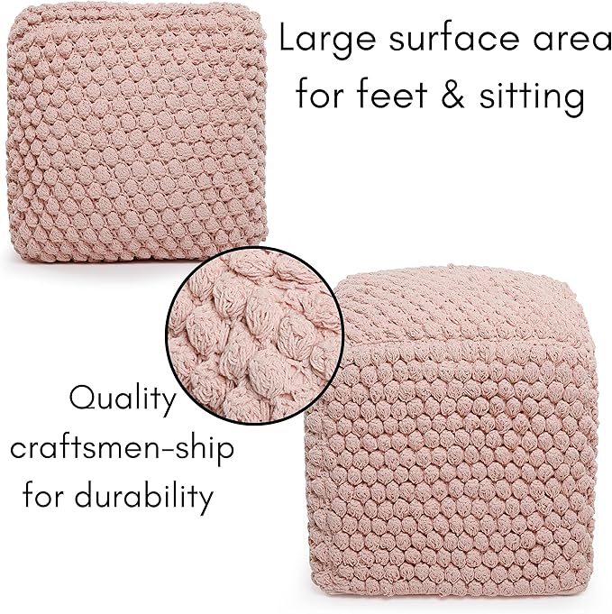 BIRDROCK HOME Buds Pouf Foot Stool Ottoman - Knit Bean Bag Floor Chair - Cotton Braided Cord - Great for The Living Room, Bedroom and Kids Room - Small Furniture (Dusty Rose - Buds)
