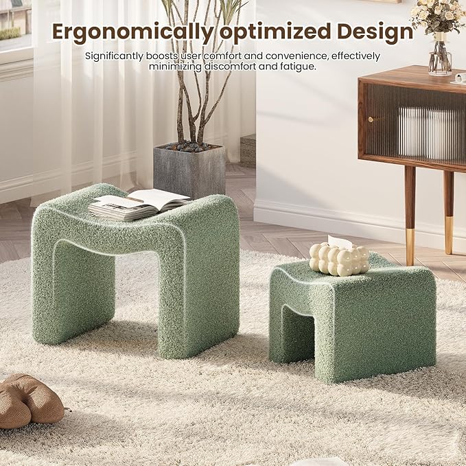 ZYKZYK Ottoman Set of 2, Plush Velvet Vanity Seats with Modern Foot Rest, Backless Stool Pair for Bedroom, Living Room & Makeup Dressing Table (2-in-1) Green