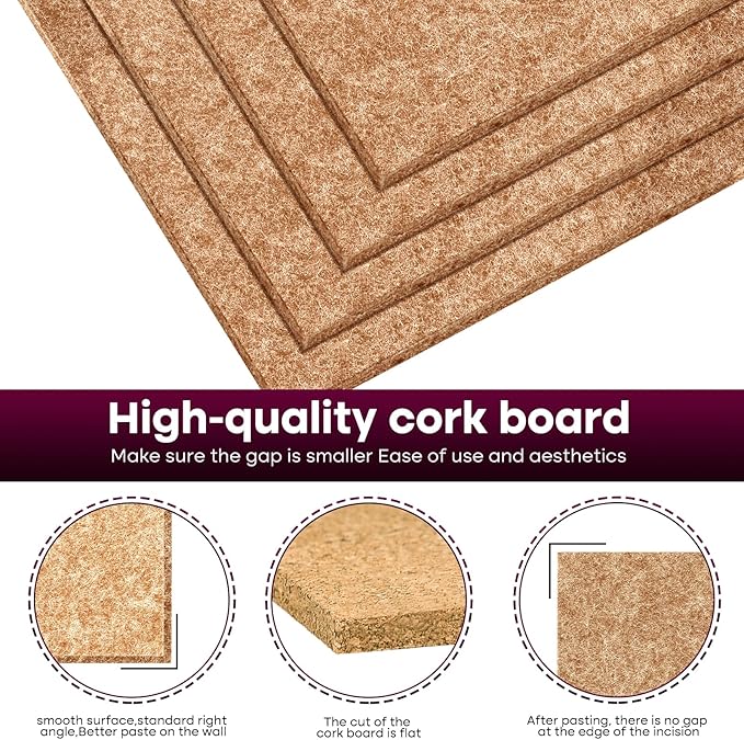 Bouiexye Felt Cork Board Tiles 6 Pack Grey Brown Boards 12"x12" - 1/2" Thick Corkboards for Wall Bulletin Board Self Adhesive with 100 Push Pins for Wall School Home Office