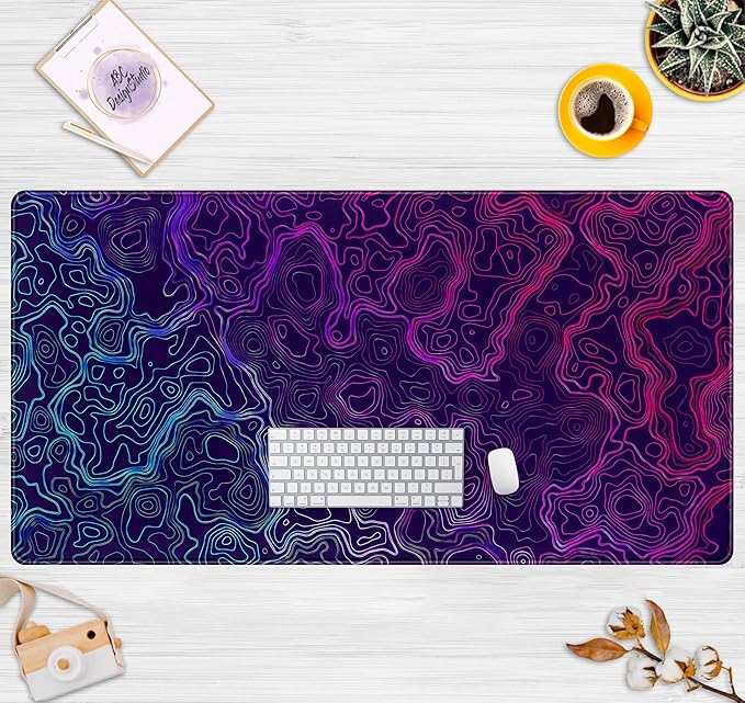 Blue Purple Desk Pad Topographic Map Desk Mat XXL Large Extended Gaming Mouse Pad Computer Mat, Laptop Keyboard and Mouse Mat, Office Decor Non-Slip Mousepad with Stitched Edge, 31.5''x15.7''