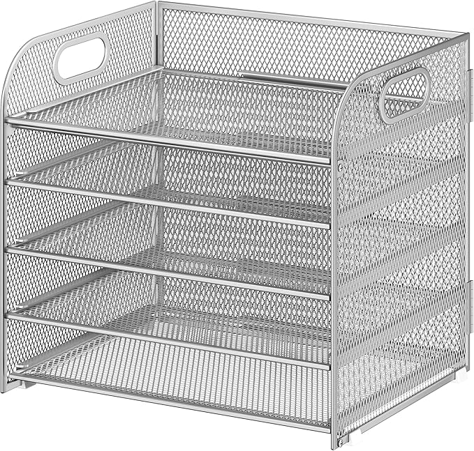 Cawukege 5 Tier Paper Organizer with Handle, Metal Mesh Desk Organizer File Folder Paper Letter Tray Desktop Document Sorter for Classroom, School, Office Accessories Organization and Storage - Silver