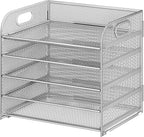 Cawukege 5 Tier Paper Organizer with Handle, Metal Mesh Desk Organizer File Folder Paper Letter Tray Desktop Document Sorter for Classroom, School, Office Accessories Organization and Storage - Silver