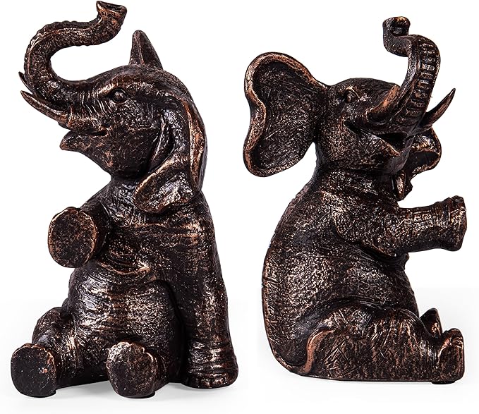 DURAGOODS Decorative Vintage Elephant Bookends with Non-Slip Padding for Shelves to Hold Books - Heavy Duty Resin Book Holders for Bookshelf Decor, Home, Office, Living Room – 4” L x 4” W x 7”H