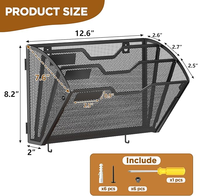 Docnest 3 Tier Mesh Wall File Holders with Hooks – 3 Pack Hanging Letter Holder - Document Organizer for Mail, Paper, Office, Home, School – Space-Saving Wall Mounted Folder Holder – Black