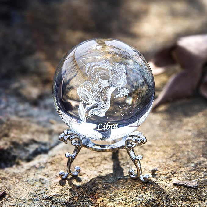 3D Laser Constellation Crystal Ball Crystal Paperweight Full Sphere Glass Fengshui with Sliver-Plated Flowering Stand(Libra)