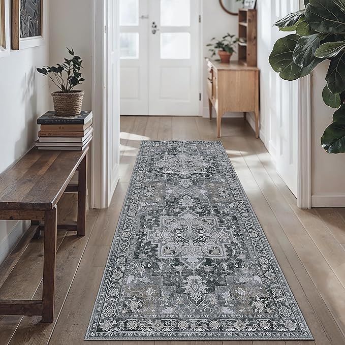 GENIMO 2'6''x8 Runner Rugs for Hallway, Machine Washable Non Slip Vintage Rugs, Low Pile Lightweight Soft Print Rug for enrtyway, Corridor, Home Office, Kitchen,Dark Gray