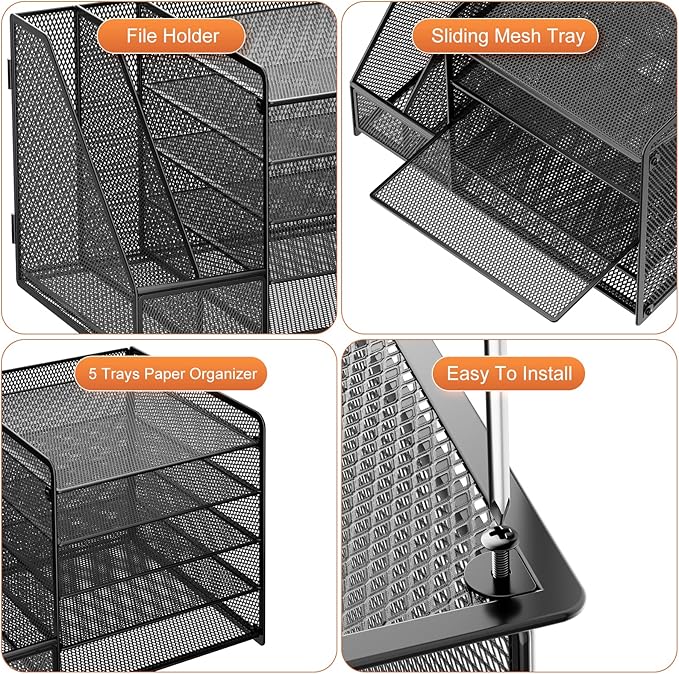 Marbrasse Desk Organizer with File Holder, 5-Tier Paper Letter Tray Organizer, Mesh Desk Organizers and Accessories with Magazine Holder, Desktop Storage for Office Supplies (Black)
