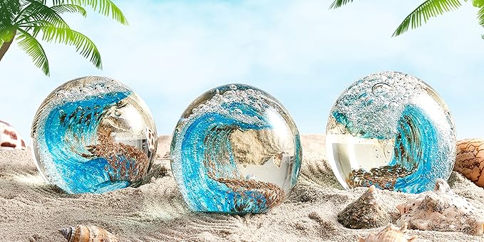 EUSTUMA Hand Blown Glass Figurines Ball Ocean Waves,Office Paperweight Glass for Desk,Home Decor Collectible,Aquarium Decor,Office Decor Ocean Lovers (Blue)