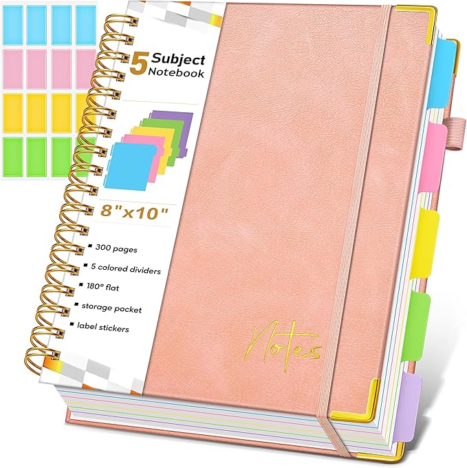 Spiral Notebook Journal with Removable Dividers Tabs, 300 Pages Hardcover Leather 5 Subject College Ruled Notebook, 8"x10" Large B5 Lined Journal for Women Men, Spiral Notebooks for Work School, Pink