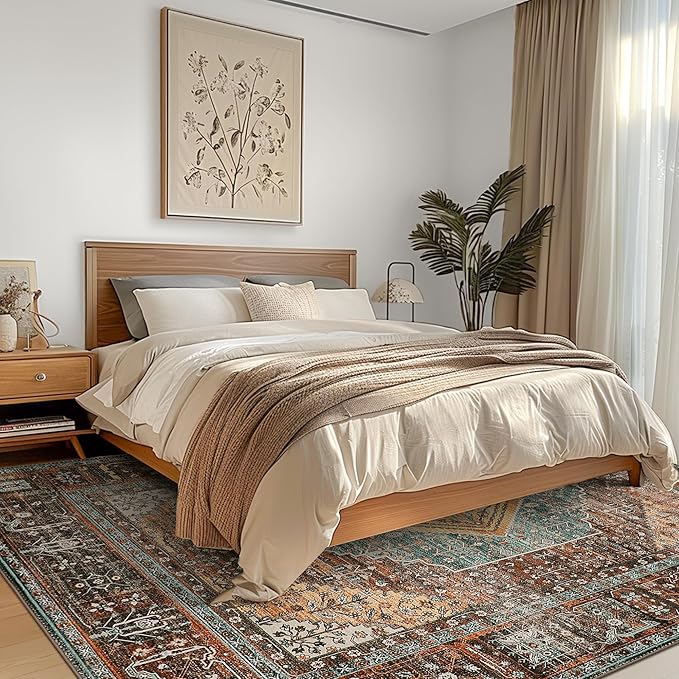 GENIMO 3x5 Area Rugs for Living Room, Machine Washable Non Slip Vintage Rugs, Low Pile Lightweight Chenille Print Rug for Bedroom, Dining Room, Home Office, Vintage Brown/Blue
