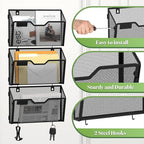 YINGHUA 3 Pack Mesh File Holders Wall Mounted - Durable Metal Hanging Organizer with Hooks - 12.6 Inch Vertical Wall Baskets for Mail Papers Office Home and School Storage - Black