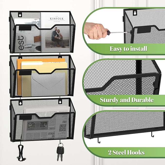 YINGHUA 6 Pack Mesh File Holders Wall Mounted - Durable Metal Hanging Organizer with Hooks - 12.6 Inch Vertical Wall Baskets for Mail Papers Office Home and School Storage - Black