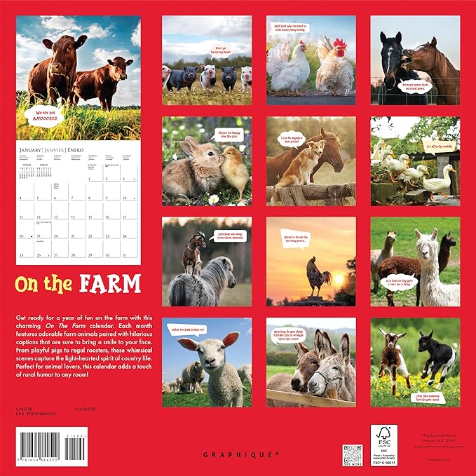 Graphique 2026 On the Farm Wall Calendar | 12” x 12” | Thick Paper | Home & Office Organizer | Large Monthly Grid | 3 Languages & Marked Holidays | 4 Month Preview Page for 2027