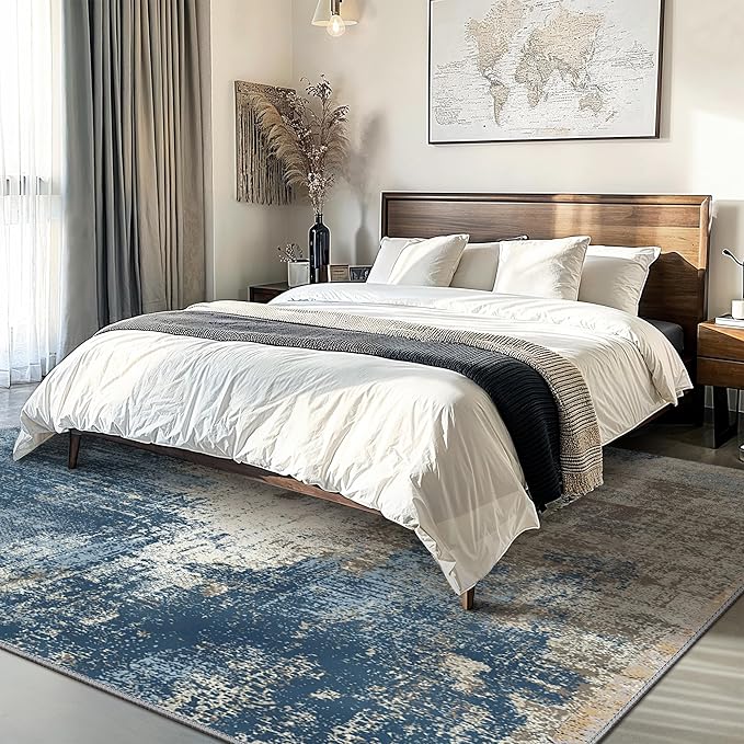 GENIMO Washable Area Rugs for Living Room, 9x12 Modern Non Slip Rugs, Low Pile Lightweight Soft Print Rug for Bedroom, Dining Room, Home Office, Washed Slate Blue