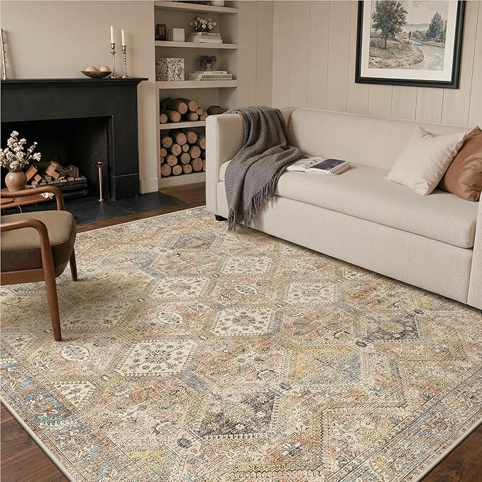 GENIMO 5x7 Area Rugs for Living Room, Machine Washable Non Slip Vintage Rugs, Low Pile Lightweight Print Rug for Bedroom, Dining Room, Home Office, Warm Brown
