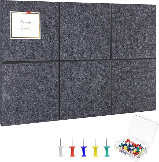 Large Cork Board 28" x 19", 6 Pack Felt Wall Tiles with Colored Pushpins, Bulletin Boards with Removable Self-Adhesive Strips, Pin Board Cork Boards for Walls Office Home-Dark Gray