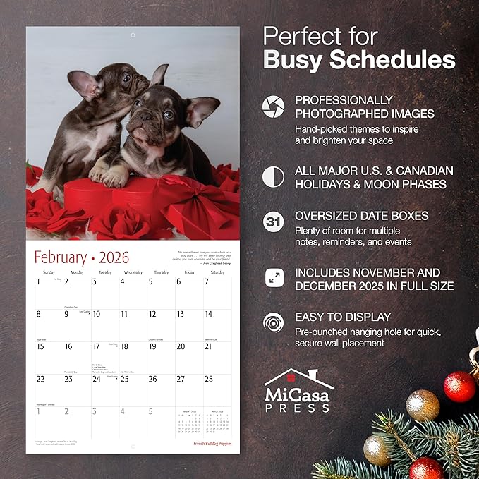MICASA PRESS French Bulldog Puppies 2026 Wall Calendar 12 Month | 12" x 24" Open | Thick & Sturdy Paper | Holiday Gift | Cute Frenchie Puppy Dog Calendar 2026