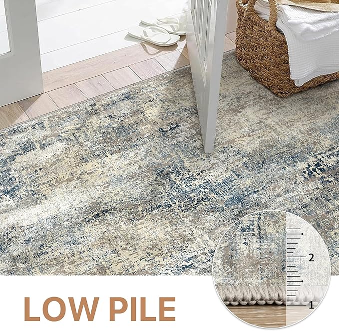 GENIMO Washable Area Rugs for Living Room, 10x14 Modern Non Slip Rugs, Low Pile Lightweight Soft Print Rug for Bedroom, Dining Room, Home Office, Blue Grey Beige