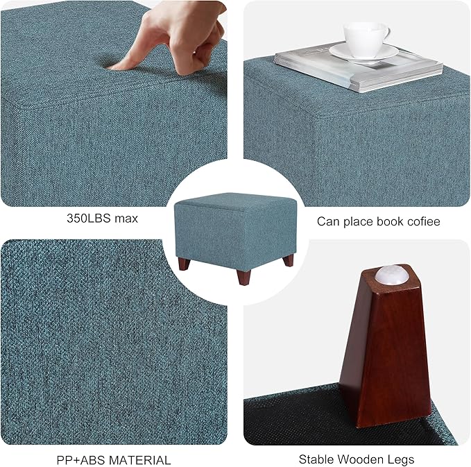 Edeco Square Footrest Ottoman Stool Seat with Linen Fabric and Non-Skid Wooden Legs, Blue