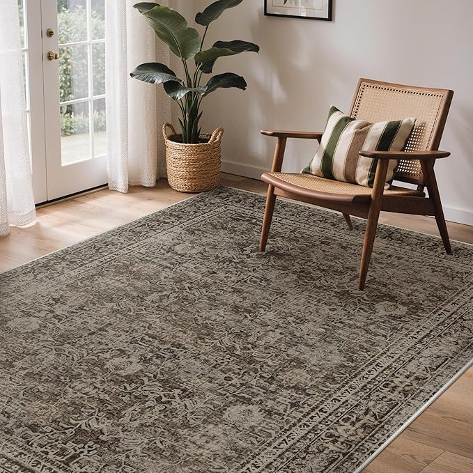 GENIMO 5x7 Area Rug Machine Washable Boho Rug for Living Room,Ultra-Thin Low Pile Carpet,Lightweight Indoor Printed Rug,Non Slip Floral Area Rug for Bedroom, Dining Room, Home Office,Brownish Green