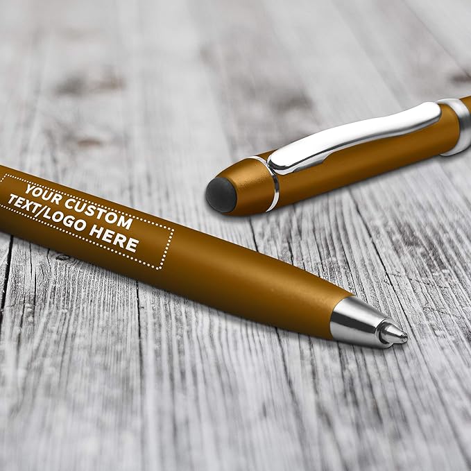 DISCOUNT PROMOS Custom Twist Action Plastic Stylus Pens, Set of 50, Personalized Bulk Pack - Pens for Work, Cool Pens for Writing, Black Ink - Gold
