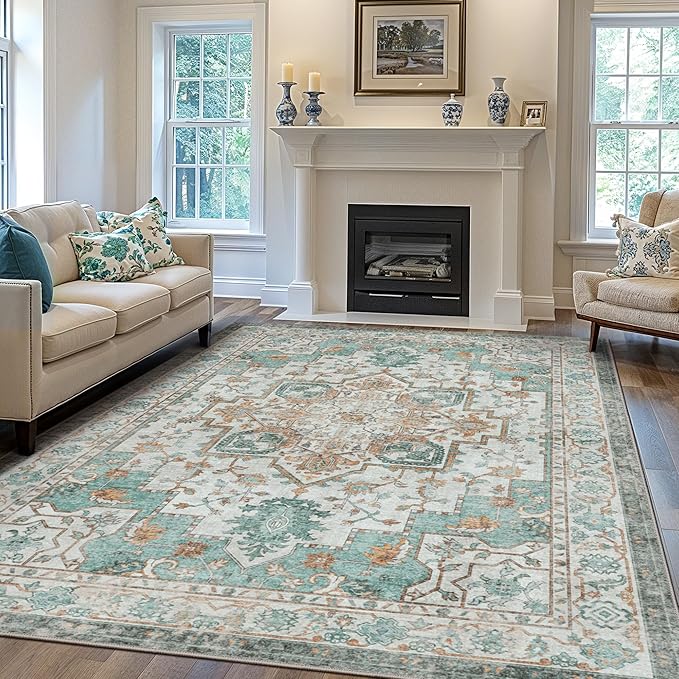 GENIMO 5x7 Area Rugs for Living Room, Machine Washable Non Slip Vintage Rugs, Low Pile Lightweight Chenille Print Rug for Bedroom, Dining Room, Home Office, Cyan