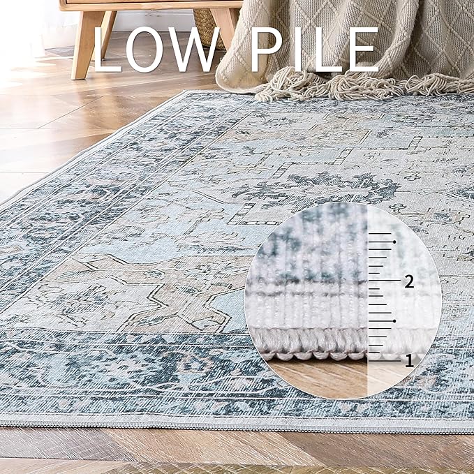 GENIMO Runner Rug 2x5, Machine Washable Non Slip Vintage Runner Rug, Low Pile Lighrweight Rugs for Entryway, Hallway, Kitchen and Corridor, Blue