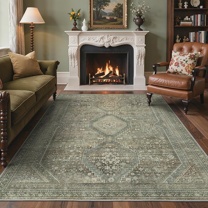 GENIMO 8x10 Area Rugs for Living Room, Machine Washable Non Slip Rugs, Low Pile Lightweight Vintage Print Rug for Bedroom, Dining Room, Home Office, Sage/Blue