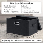 Graciadeco Medium 15" 21 Quart Collapsible Stackable Storage Bins with Lids, 3 Packs Dark Grey Foldable Fabric Closet Boxes Heavy-duty Linen Cube Baskets Container for Bedroom Office (15 x 11 x 8)