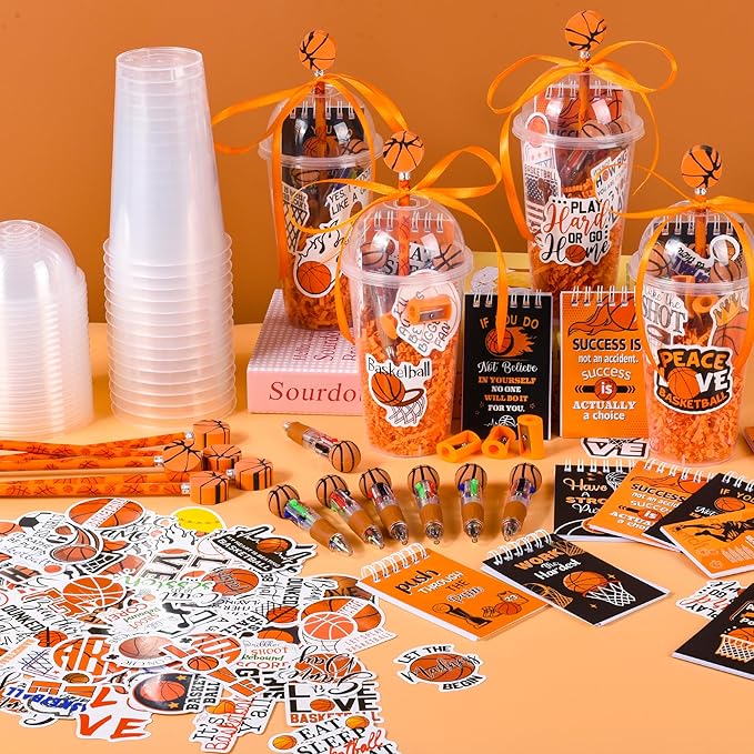 LiYiQ 247 Pcs Basketball Party Supplies Return Gifts for Party, Student Stationery Gifts from Teacher Rewards Prizes, Pencil Erasers Notebooks Stickers for Basketball Classroom Birthday