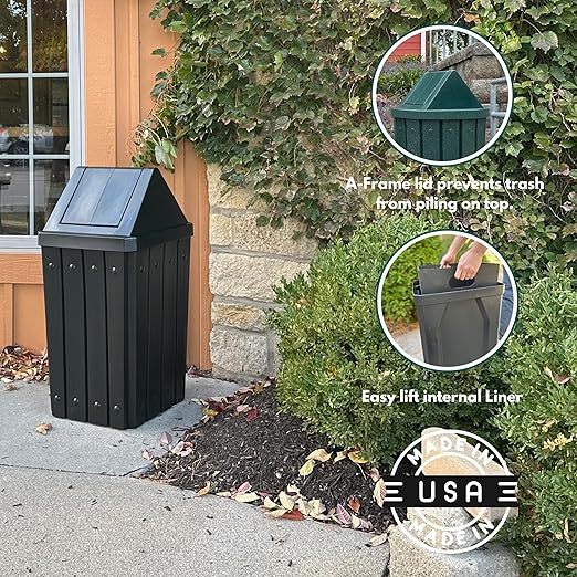 Sturdy Essentials 32 Gallon Square Slatted 100% Recycled Plastic Heavy Duty Outdoor Commercial Trash Can with Swing Top Lid | Great for Schools and Businesses - Green Granite