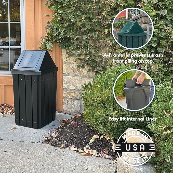 Sturdy Essentials 32 Gallon Square Slatted 100% Recycled Plastic Heavy Duty Outdoor Commercial Trash Can with Swing Top Lid | Great for Schools and Businesses - Beige Granite