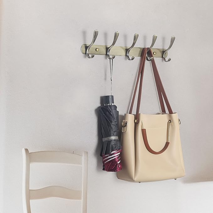 SKOLOO Coat Rack Wall Mount - Modern, Metal Wall Coat Rack with 5 Hooks, Pack of 2, Sturdy Wall Hook Rack Rail for Hanging Coat, Jacket, Clothes, Hat, Bronze