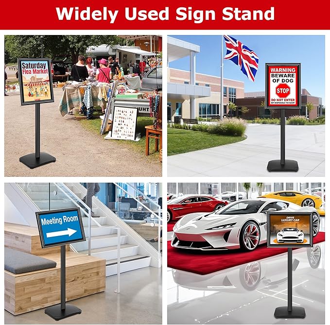 VAIIGO Heavy Duty Sign Holder Stand 11x17 Inch - Pedestal Floor Standing Sign Holder with Weighted Base - Vertical & Horizontal Poster/Menu Stand for Indoor/Outdoor Business Store Advertising, Black