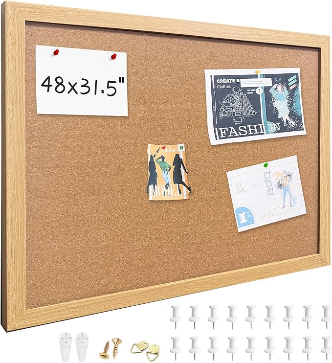 Yunihome Cork Bulletin Board, 48x31.5 Inches Hanging Cork Board Wooden Framed with Pins for Wall, Dorm Room, Office, Home Decor – Natural Cork & Black Frame