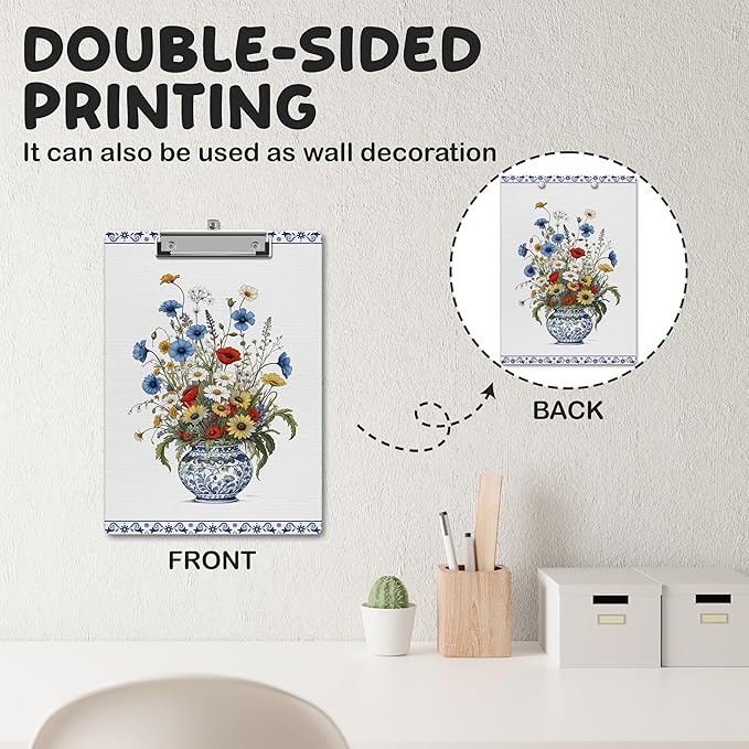 APIILVPQ Floral Clipboard, Vintage Blue Clipboards with Low Profile Clip for Office School Use, Chinoiserie Wooden Clip Boards for Nurses Teachers Students - A09
