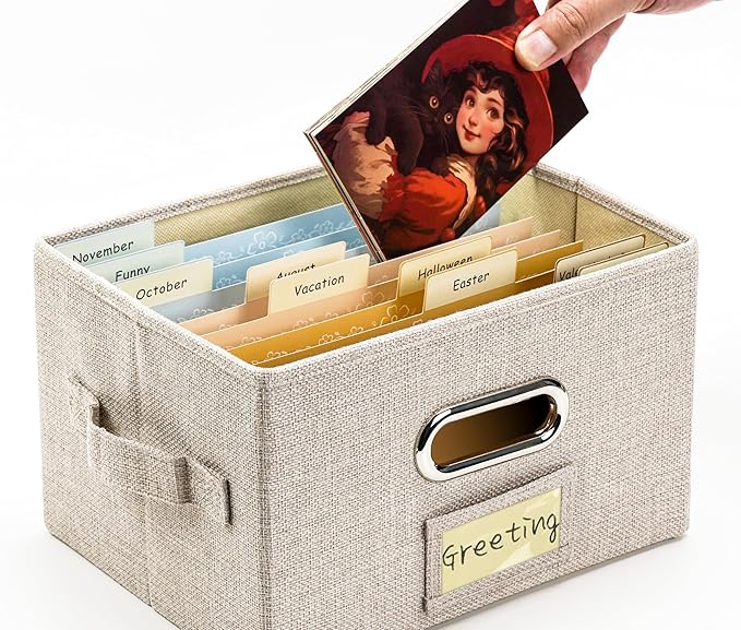 Remowith Greeting Card Organizer and Storage Box with 20 Pcs Adjustable Dividers, Storing Cards with 84 Pcs Labels Perfect for Storing Greeting Cards, Envelopes, Photos 1 Pack Beige