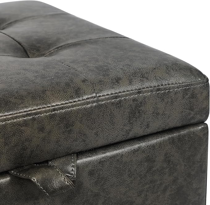Adeco Small Faux Leather Storage Ottoman Bench with Wood Legs, 15.2" Square Mixed Grey PU Cube Foot Stool, Upholstered Button Tufted Vanity Chair with Hinged Lid for Living Room, Bedroom, Dorm