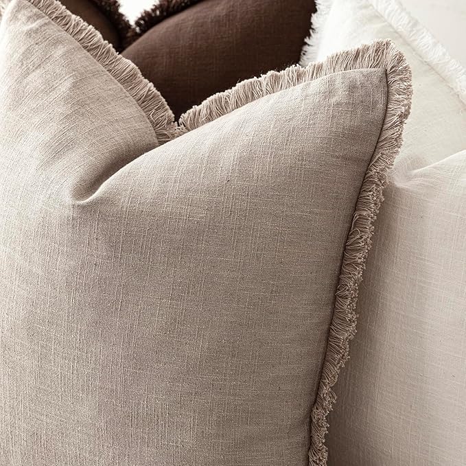 Foindtower Set of 2 Decorative Linen Fringe Throw Pillow Covers Farmhouse Cushion Cover with Tassels Soft Accent Pillowcase for Couch Chair Sofa Bed Living Room Home Decor,22×22 Inch,Natural Linen