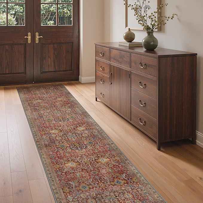 GENIMO 2x5 Runner Rugs for Hallway, Machine Washable Non Slip Vintage Rugs, Low Pile Lightweight Soft Print Rug for enrtyway, Corridor, Home Office, Kitchen, Mocha Brick