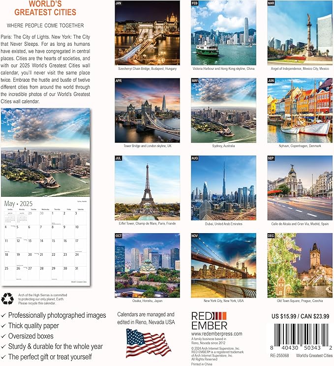 RED EMBER World's Greatest Cities 2025 Wall Calendar 12 Month | 12" x 24" Open | Thick & Sturdy Paper | Giftable | Calendar 2025