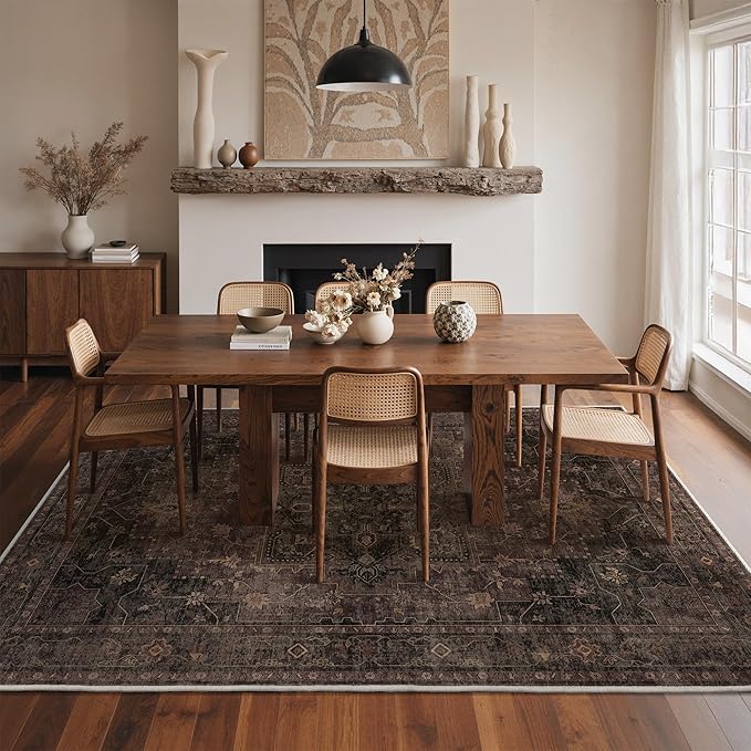GENIMO 8x10 Area Rugs for Living Room, Machine Washable Rug, Non Slip Indoor Vintage Rug, Low Pile Lightweight Chenille Print Carpet for Bedroom Dining Room Home Office, Charcoal Brown