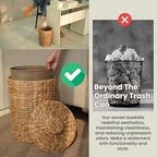 Tidita 4 Gallons Wicker Waste Basket - Water Hyacinth Bathroom Garbage Can with a Lid - Bathroom Trash Can Boho Style - Wicker Trash Can with Lid for Household, Kitchen - Removable Liner, Iron Frame