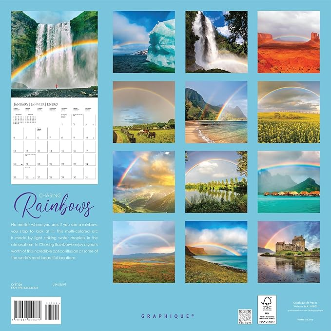 Graphique 2026 Chasing Rainbows Wall Calendar | 12” x 12” | Thick Paper | Home & Office Organizer | Large Monthly Grid | 3 Languages & Marked Holidays | 4 Month Preview Page for 2027