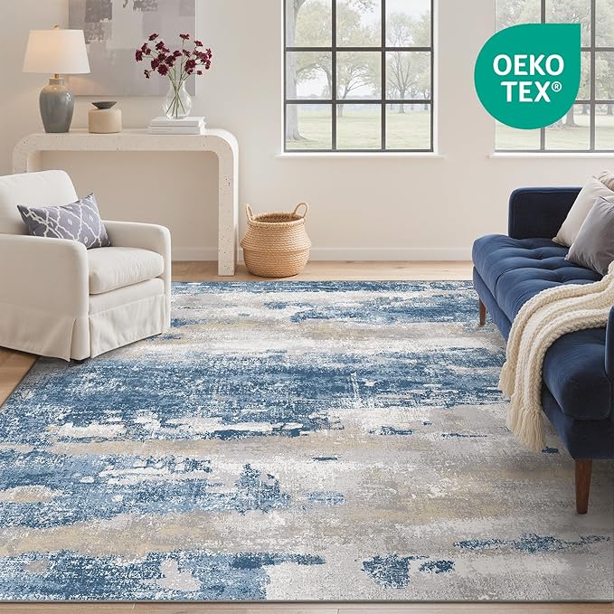 GENIMO No Crease Non Slip 6x9 Area Rugs for Living Room, Craft Woven Modern Abstract Rug, Soft Floor Carpet, Single-Piece Rugs for Bedroom, Dining Room, Office, Blue