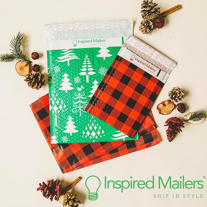 Bubble Mailers 10x13" - Red Snowflake Baubles with Writable Area - 25 Pack - Holiday Poly Padded Envelopes and Bubble Shipping Mailers