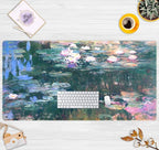 Abstract Oil Painting Mousepad Retro Water Lilies Desk Mat, XXL Large Extended Mouse Pad Gaming, Computer Laptop Keyboard and Mouse Mat, Floral Desk Pad with Stitched Edge, 31.5''x15.7''