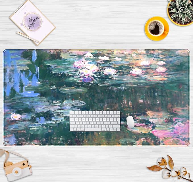 Abstract Oil Painting Mousepad Retro Water Lilies Desk Mat, XXL Large Extended Mouse Pad Gaming, Computer Laptop Keyboard and Mouse Mat, Floral Desk Pad with Stitched Edge, 31.5''x15.7''