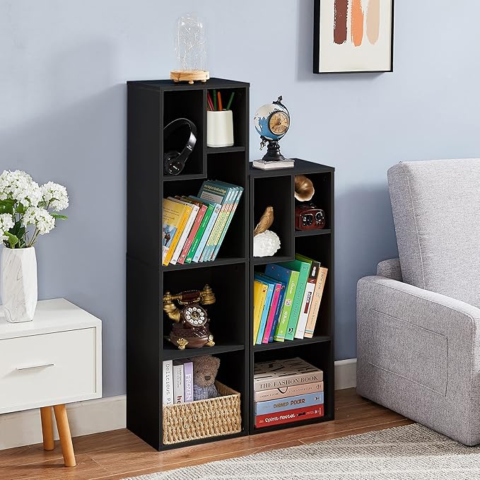 VECELO Narrow Bookshelf Set, Fits 9.3" × 10-12.8" Hardcovers, Cube Storage Bookcases, Free-Standing for Living Room, Bedroom, Home Office, 3/4-Tier, 2-Pack, Black
