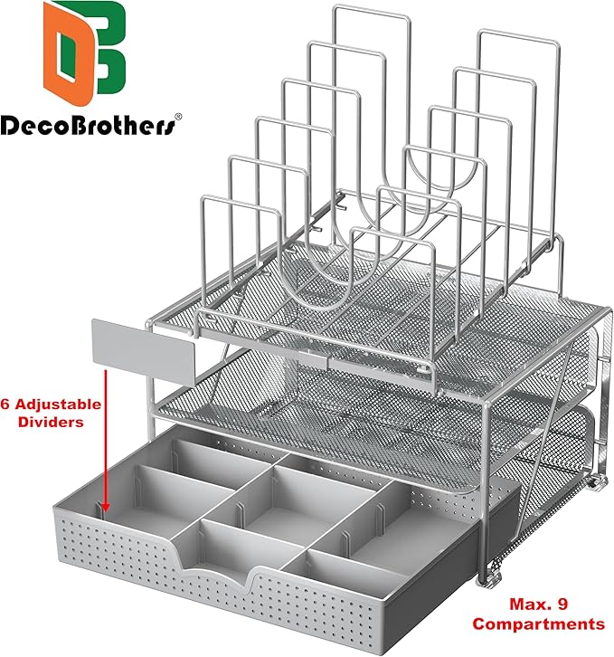 Deco Brothers Desktop File Organizer with Double Tray and 5 Folder Stand, Silver